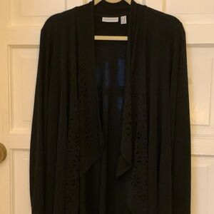 Susan Graver Liquid Knit Black Open Front Cardigan With Laser Cut Lapels 1X